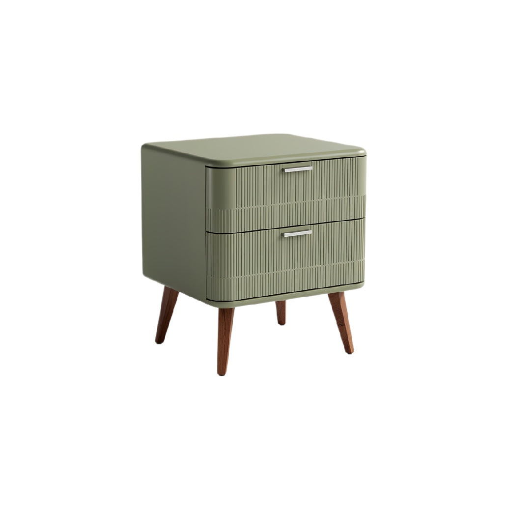 Mid-Century Modern Green Nightstand with Two Drawers and Wooden Legs